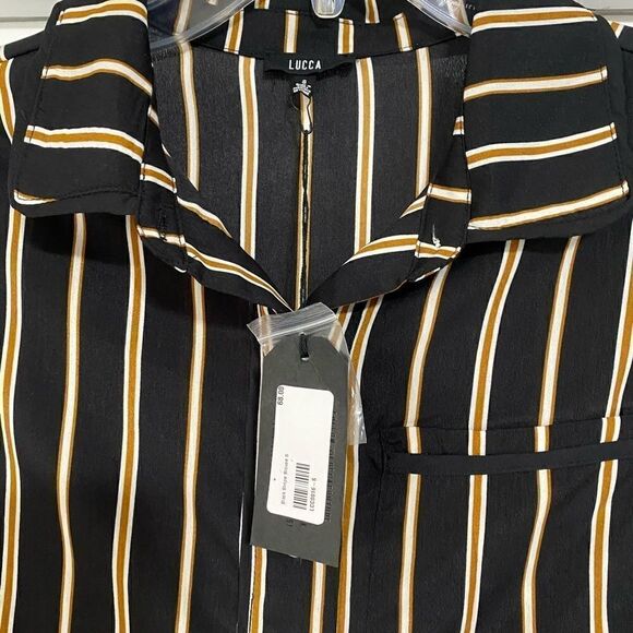 NWT LUCCA Couture Black Brown White Womens Small Blouse Button Front Faux Cuffs - Picture 6 of 8